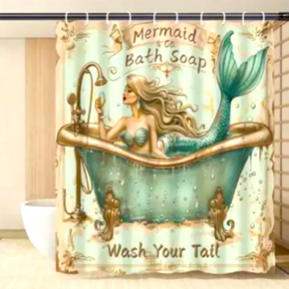 Mermaid Bath Soap Shower Curtain with Bonus Hooks